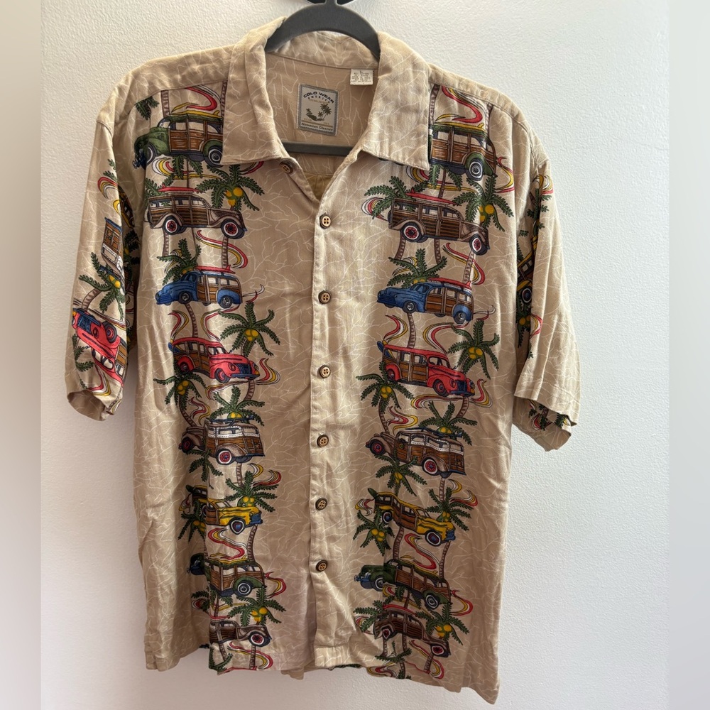 Colo Wear America Tan Woody Car Print Hawaiian Shirt L